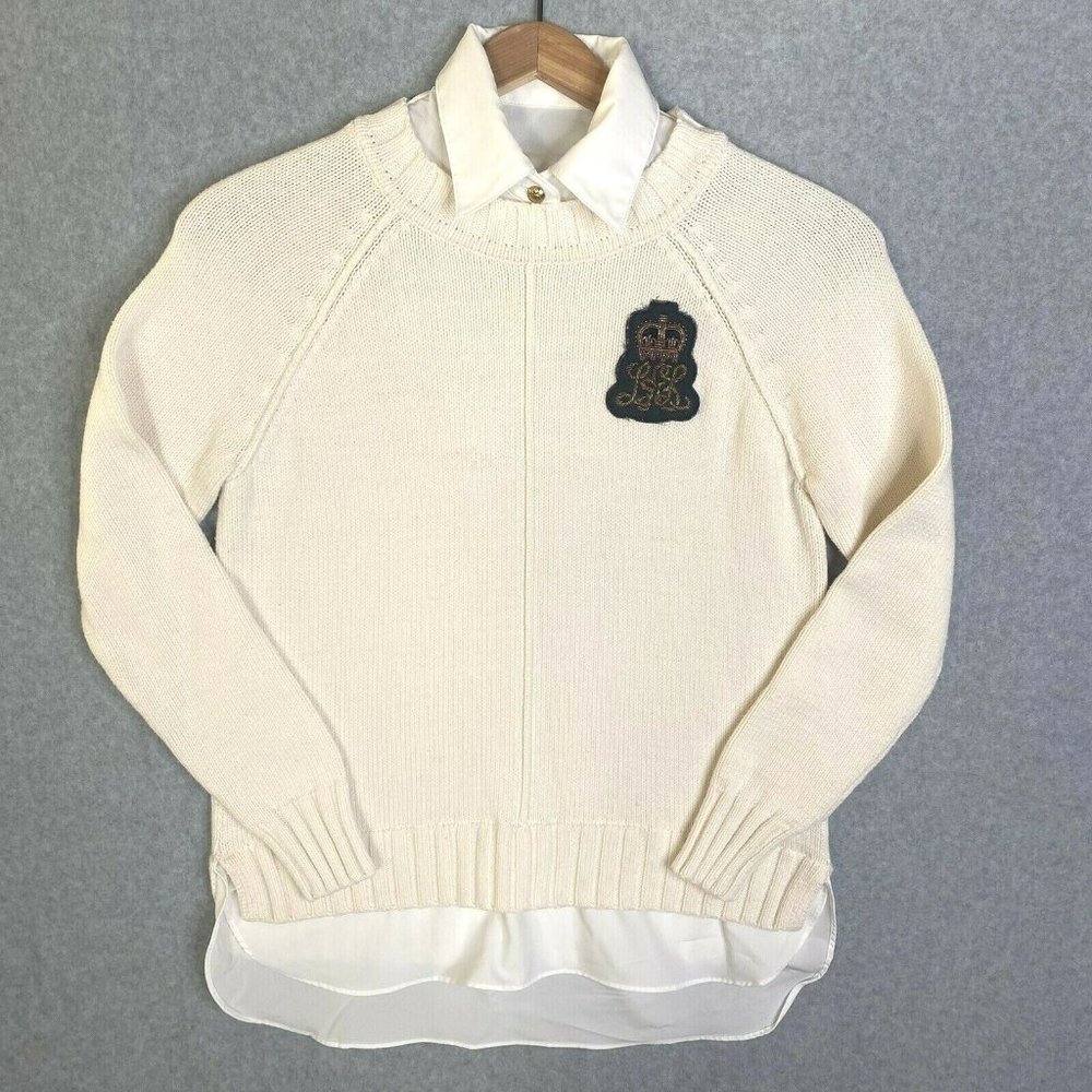 Lauren Ralph Lauren Knit Sweater Ivory Attached Blouse Womens Size S Logo